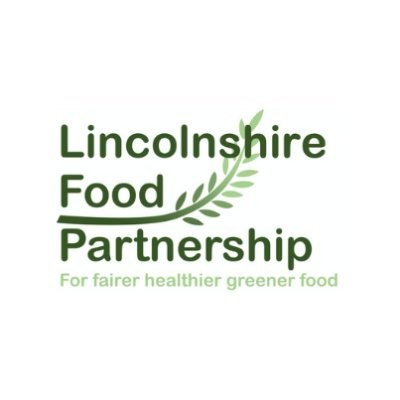 Logo of Lincolnshire Food Bank, green text with green strand of wheat